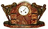 French mantel clock, Art Deco style marble case with bronzed spelter female figures at each end engaged in some sort of athletic activity, perhaps rhythmic gymnastics, Arabic numeral white enamel dial, blued steel Breguet style hands, 8 days, time and strike, Pendule a Paris movement, c1930