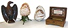 Mixed lot, two Victorian cameo carved shells, one made into a lamp, a carved mahogany eagle, and a small Swiss 4 tune music box