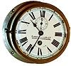 English engine room clock, nickel plated brass case with beveled glass, Roman numeral white enamel dial marked "Fleming & Ferguson Shipbuilders & Engineers Paisley" (Scotland), blued steel hands, round 8 days, fusee timepiece with lever platform, the plates with decorative scraping, c1900