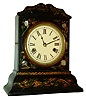 Litchfield Mfg. Co., Litchfield, Conn.30 hours, spring driven time and strike, paper mache and MOP inlay shelf clock, c1850.