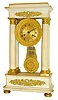French portico clock, white marble case with gilt mounts, bezel with floral ornament, birds and a butterfly, Roman numeral engine turned gilt dial, blued steel Breguet style hands, acanthus decorated gridiron style pendulum, 8 days, time and strike, Pendule a Paris movement contained in a brass cylinder, c1840