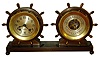 Chelsea Clock Co., Boston, "Claremont" 3.75" dial ship's bells 8 days, clock and matching barometer bronze and brass desk set, serial number 512624, 1946 presentation
