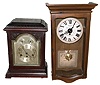 Clocks- 4 (Four) wood case 8 day: Ingraham oak time only school; Welch "Axtell" rosewood time only school; Junghans mahogany Westminster chime bracket; and New England Clock Co. modern reproduction stained wood time only wall clock