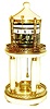 Festeau a Paris, Temple D' Amour annular clock, case of architectural form, the lower section with circular marble base, pierced railing and beaded trim, the center with gilt plinth, and 4 marble columns with gilt capitals and bases supporting the upper section, also with pierced railing and reeded 1/4 round trim, 4 gilt tapered columns supporting gilt ring for turned marble top, and with cast arrow for indicating time on two rotating rings with ceramic cartouches for numerals, the ring showing minutes signed "Festeau, a Paris", the 8 days, time and strike, movement fixed below, and open to view, silk thread suspended pendulum with tassel form ball, and turned marble top, c1785