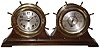 Seth Thomas Clock Co., Thomaston, Conn., "Shipmates" 8 days, ship's bell clock and barometer combination, polished brass cases with hinged bezels, on solid mahogany base, c1938