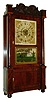 Silas Terry, Plymouth, Conn., Empire shelf clock, 8 days, time and strike, weight driven movement in a mahogany case with carved splat and full turned columns, painted wooden dial and reverse painted tablet, with movement by another Conn firm, c1845