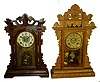 Clocks- 2 (Two) Connecticut 8 days, time and strike, and alarm parlor or kitchen shelf clocks: Ansonia oak and Ingraham "Paladin" in walnut; c.1884