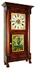 Silas B. Terry, Plymouth, Conn., Empire mantel clock, 8 days, time and strike, weight driven circular movement with solid brass back plate in a mahogany veneer case with painted wooden dial and reverse painted tablet, c1835