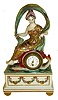 French mantel clock, porcelain case with figure of a woman seated on the clock and carried by a dolphin, her dress in gold and decorated with flowers, the dolphin with painted scales, base with polychrome floral swags, gilt trim and feet, Arabic numeral white enamel dial with floral ornament, Louis XV style hands, time only movement with lever platform, c1900