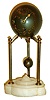 Junghans, Germany, desk or nightstand clock, patinated brass spherical case containing movement and with applied Arabic numerals for dial, gilt spade hands, with tripod support and alabaster base, 8 days, timepiece movement with pendulum, c1920