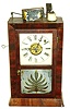 Ansonia Brass & Copper Co., Ansonia, Conn., automatic candle light alarm clock, 30 hours, time and bell strike alarm, spring driven movement in a mahogany veneer case with a frosted tablet and painted metal dial, c1870