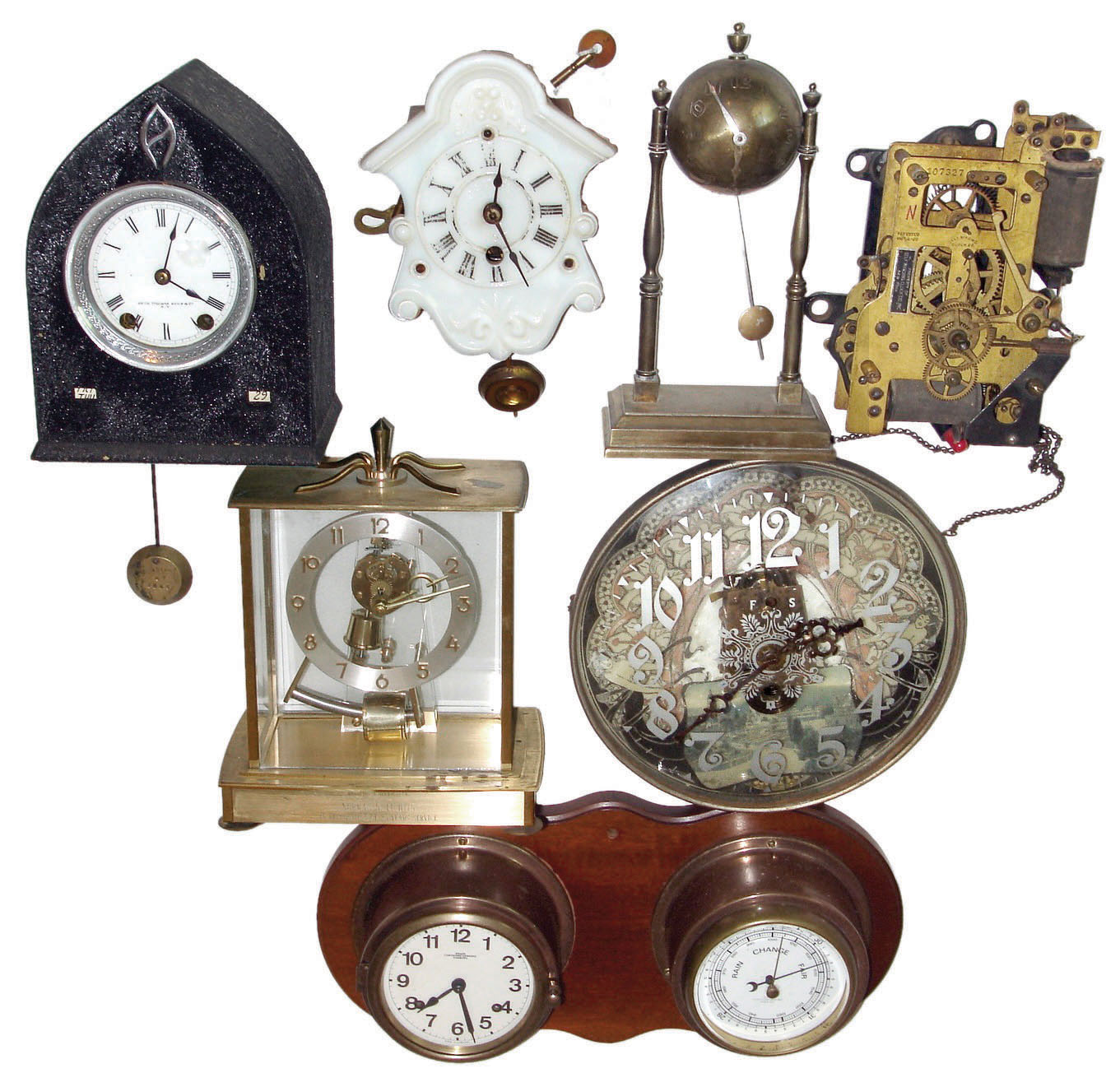 Clocks, movement, barometer - 7 (Seven) items: Seth Thomas Sons &amp; Co., New York metal case 8 day mantel clock with calendar; Ansonia milk glass front wall clock with "Davies Pat." and detailed rear label; Self-Winding Co., New York movement; Wempe, German 8 day ship's-bells clock and barometer set mounted on wood plaque; Kundo, German electromechanical clock in brass &amp; glass case; Lux Mfg. Co., Waterbury, CT brass ball head novelty clock; German glass front and back time-only wall clock — Antique Clocks Price Guide