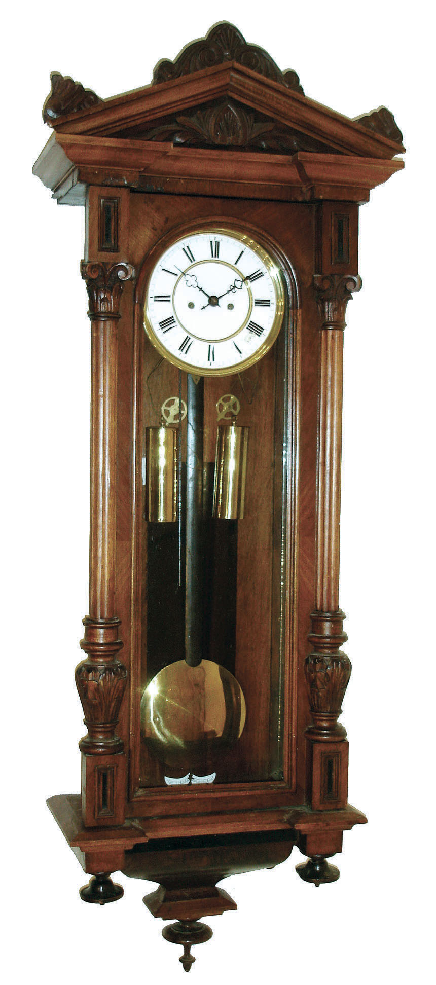 Clocks- 2 (Two) German 8 days,two weight Vienna Regulator style wall clocks in walnut cases, late 19th century. — Antique Clocks Price Guide