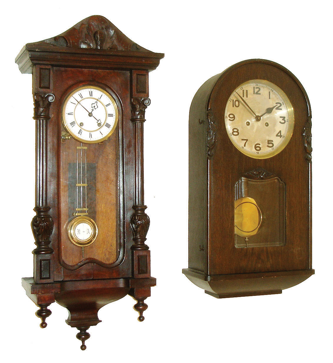 Clocks- 3 (Three) German 8 days, time and strike, spring driven wall clocks in wood cases, late 19th century. — Antique Clocks Price Guide