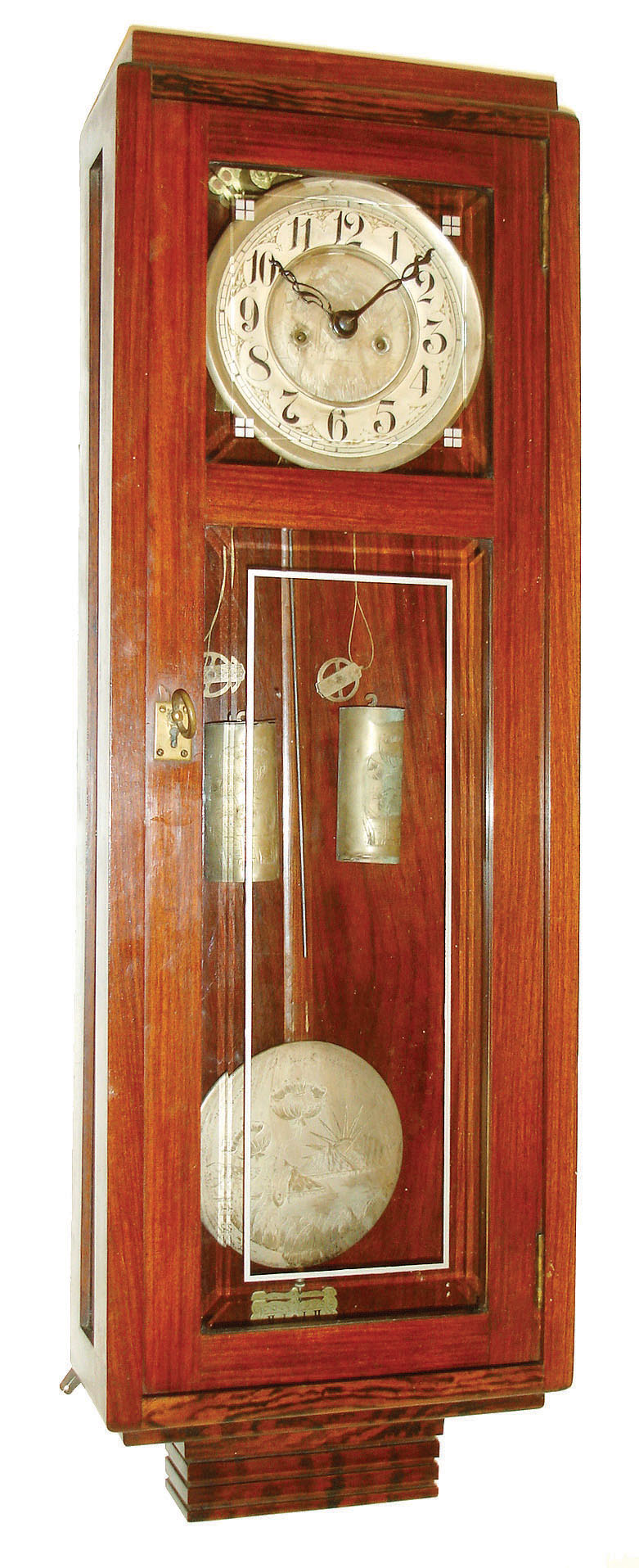 Clocks- 2 (Two) German 8 day two weight, time and strike, Vienna Regulator style wall clocks: one walnut case in Vienna style, late 19th century; one mahogany case in Art Nouveau style, early 20th century — Antique Clocks Price Guide