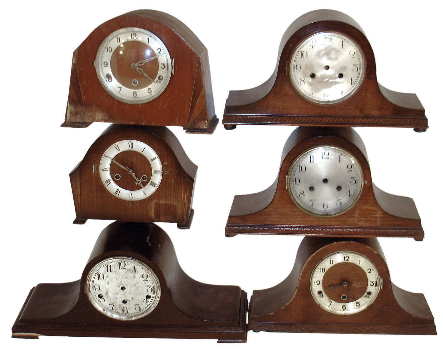 Clocks- 6 (Six) tambour style mantel 8 days mantel clocks: three German (1 Kienzle) 3 train Westminster chime; two oak German (one Haller); and one oak English Perivale with balance platform; all early 20th century. — Antique Clocks Price Guide