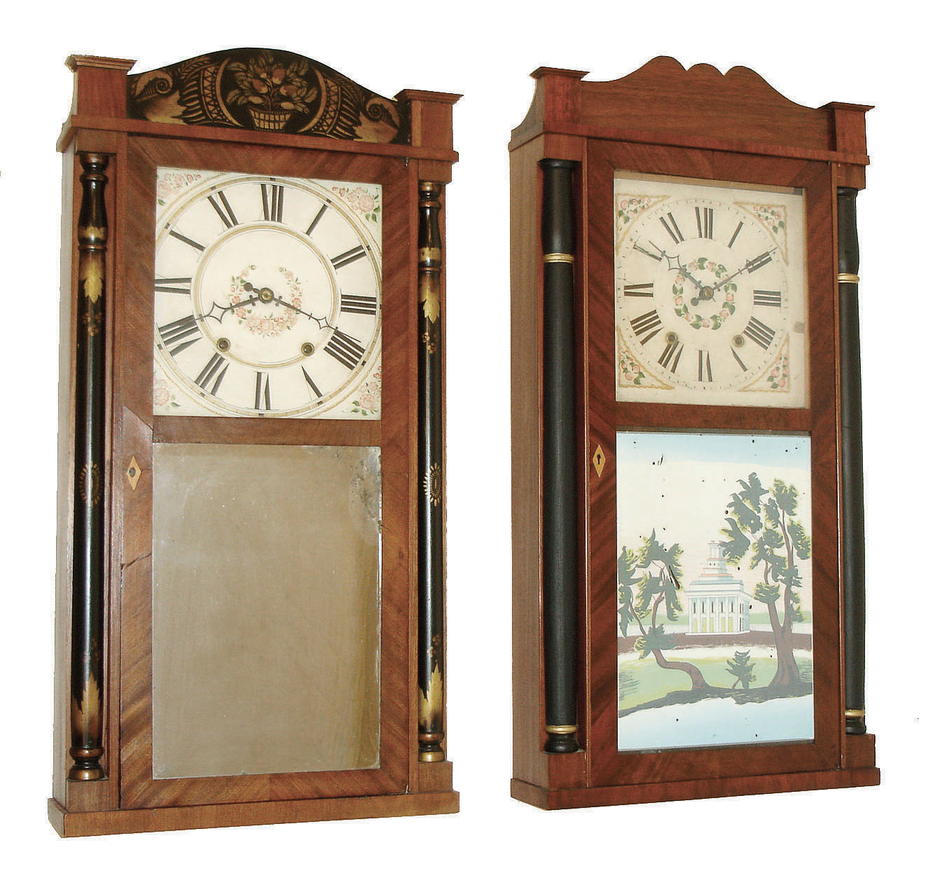 Clocks- 3 (Three) Connecticut stenciled column &amp; splat wood movement shelf clocks: (1) Salem Holman, Hartford, Conn., 30 hours, time and strike,; (2) Chauncey Boardman, Bristol, Conn., 30 hours, time and strike,, wood movement shelf clock; (3) Seth Thomas, Plymouth, Conn., 30 hours, time and strike,, all c1830s. — Antique Clocks Price Guide