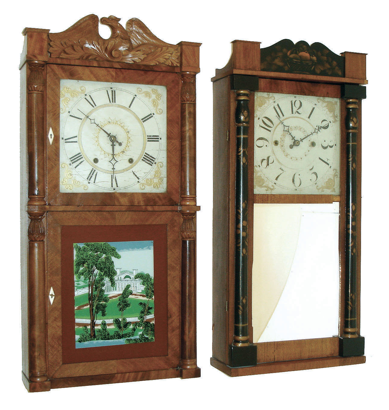 Clocks- 2 (Two) Connecticut wood movement shelf clocks: (1) Charles Kirk, Bristol, Conn., for E. C. Brewster 30 hour "groaner" style, time and strike, movement in stenciled half column &amp; splat case, c1830; (2) (probably C. &amp; N. Jerome, Bristol, Conn.), 30 hours, time and strike, movement with carved eagle crest double decker case, both c1833. — Antique Clocks Price Guide