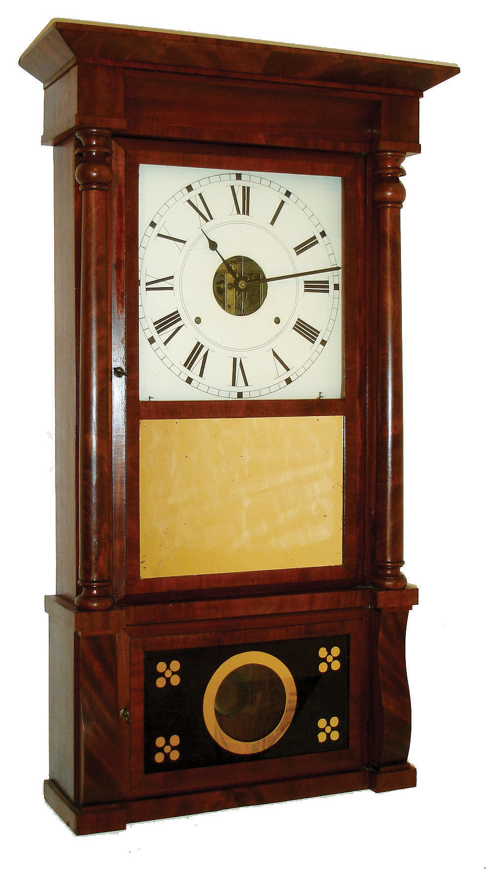 Clocks- 3 (Three): (1) Bench-made pillar &amp; scroll with antique 30 hours, time and strike, wood movement; (2) Williams, Orten &amp; Prestons &amp; Co., Farmington, Conn., 30 hours, time and strike, wood movement with carved columns and plain splat case, c1837; (3) Birge &amp; Fuller 8 days, strap brass time and strike, weight driven movement in column &amp; cornice case, c1840. — Antique Clocks Price Guide