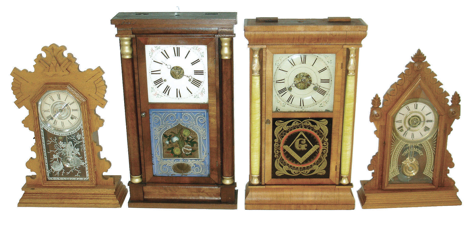 Clocks- 4 (Four): (1) E. Ingraham &amp; Co., Bristol, Conn., "Cadet", 8 days, time, strike &amp; alarm movement in oak case, c1890; (2) Ansonia Clock Co., New York, "Buffalo", 8 days, time and strike, movement in oak case, c1910; (3) Seth Thomas, Plymouth Hollow, Conn., 30 hours, time and strike, in rose column case, c1855; (4) Seth Thomas, Plymouth Hollow, Conn., 30 hours, time and strike, in shell column case, c1865. — Antique Clocks Price Guide