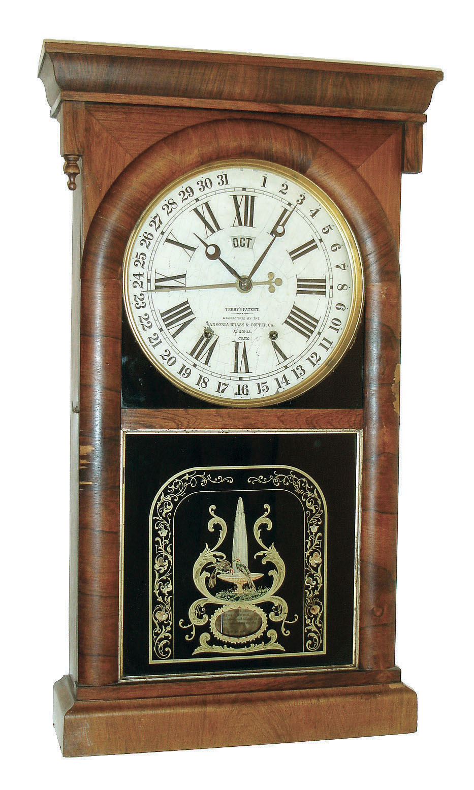 Ansonia Brass &amp; Copper Co., Ansonia, Conn., 8 days, time and strike, shelf clock with William A. Terry's patent calendar rosewood veneer shelf clock, c1874. — Antique Clocks Price Guide