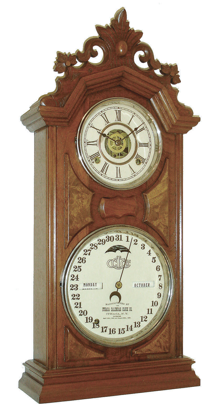 Ithaca Calendar Clock Co., Ithaca, NY, "No. 8 Shelf Library" 8 day spring driven time, strike, alarm and calendar shelf clock in a walnut case, c1880. — Antique Clocks Price Guide