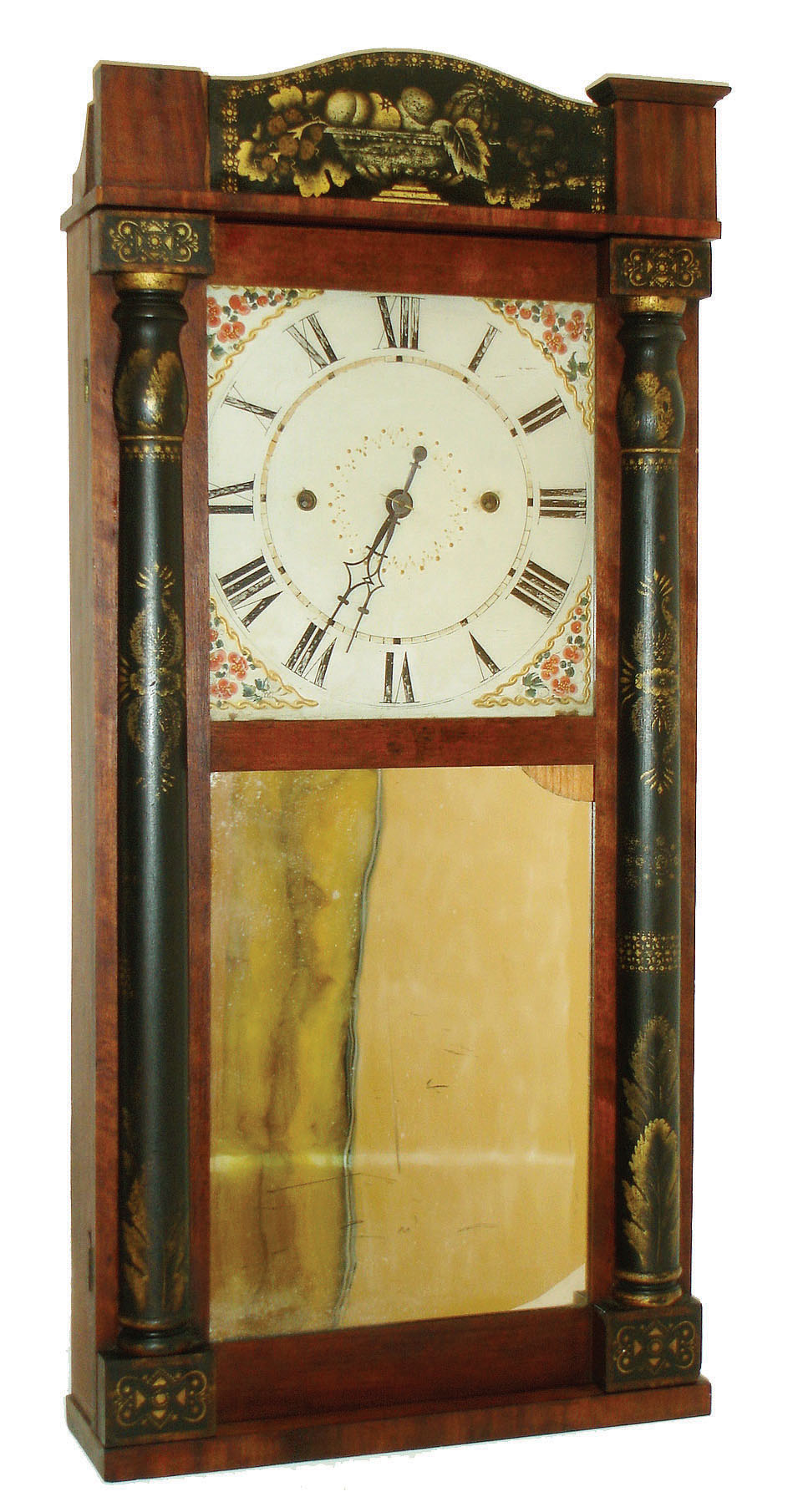 Jeromes &amp; Darrow, Bristol, Conn., 30-hour, time and strike, "Thin" wood movement in stenciled half column &amp; splat shelf case, c1828. — Antique Clocks Price Guide