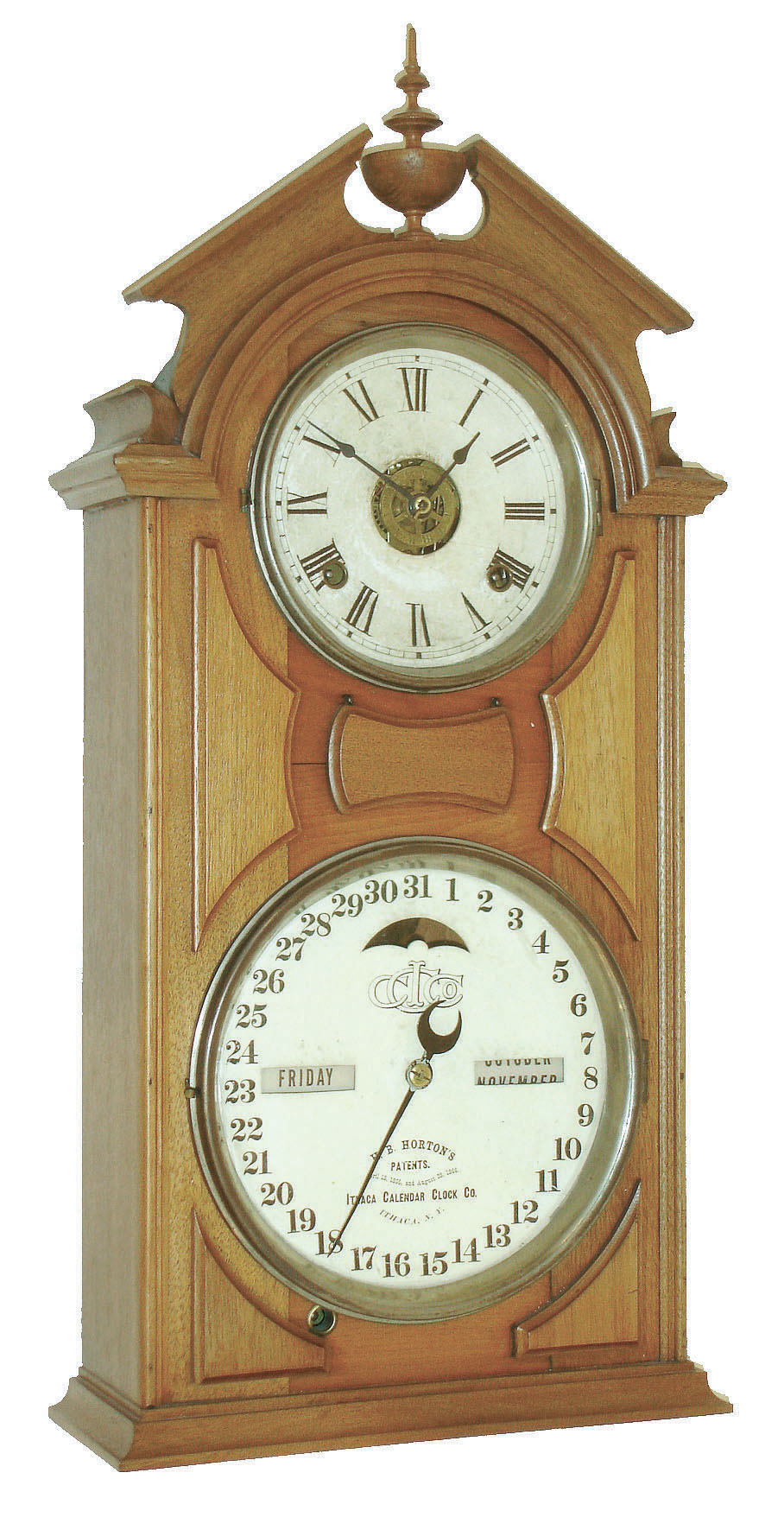 Ithaca Calendar Clock Co., Ithaca, NY, "No. 8 Shelf Library", 8 days, time, strike and alarm double dial calendar clock, c1874. — Antique Clocks Price Guide