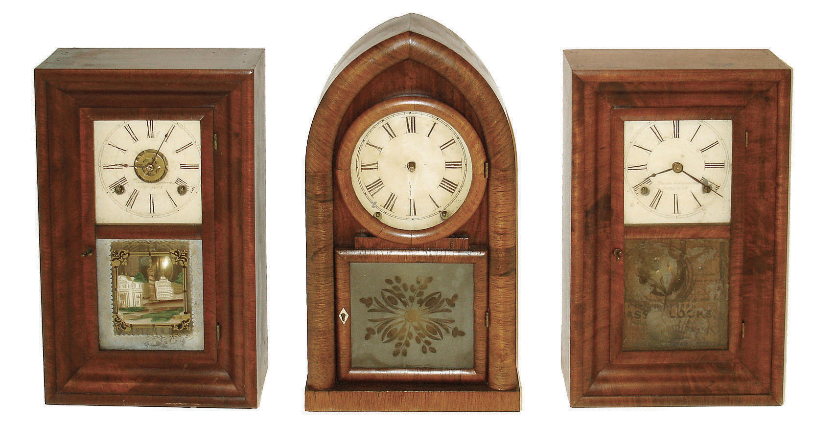 Clocks- 3 (Three) Brewster &amp; Ingrahams, Bristol, Clocks. (1) 30 hours, time, strike and alarm mini-OOG shelf clock. (2) 30 hours, time and strike, mini OOG shelf clock. (3) 8 days, time and strike,, round gothic or beehive shelf clock, all c1850. — Antique Clocks Price Guide