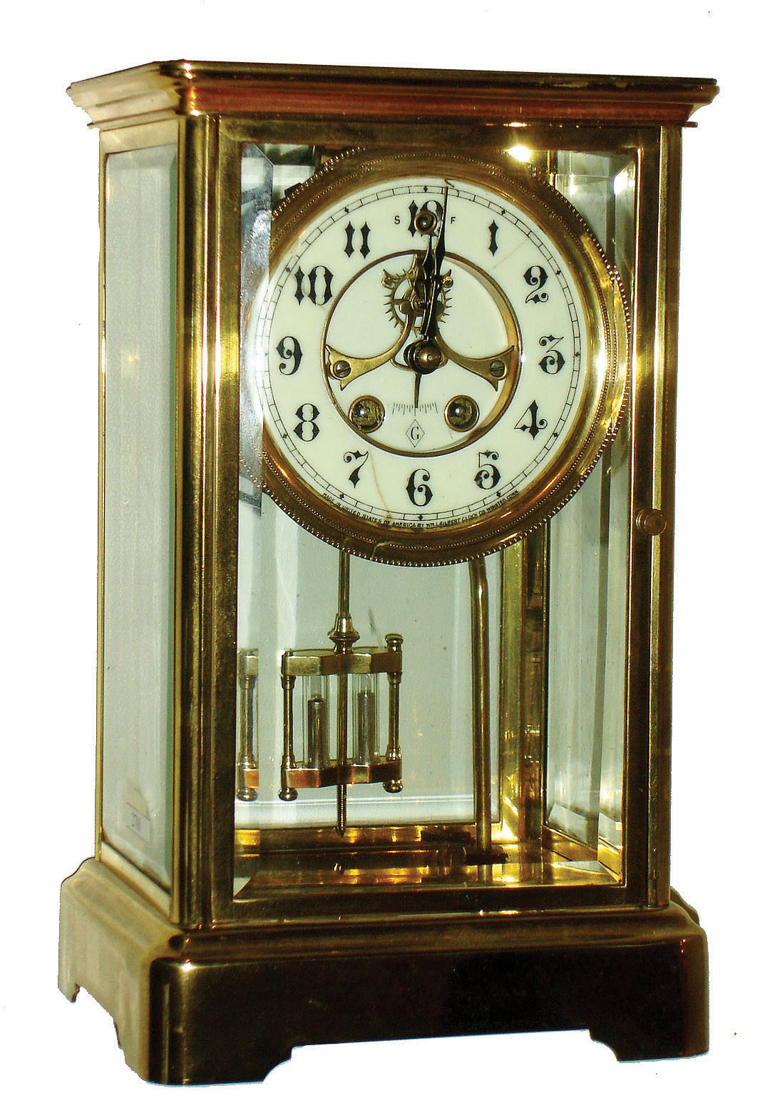 William L. Gilbert Clock Co., Winsted, Conn.,"Vista" 8 days, time and strike, crystal regulator with visible escapement, c1913 — Antique Clocks Price Guide