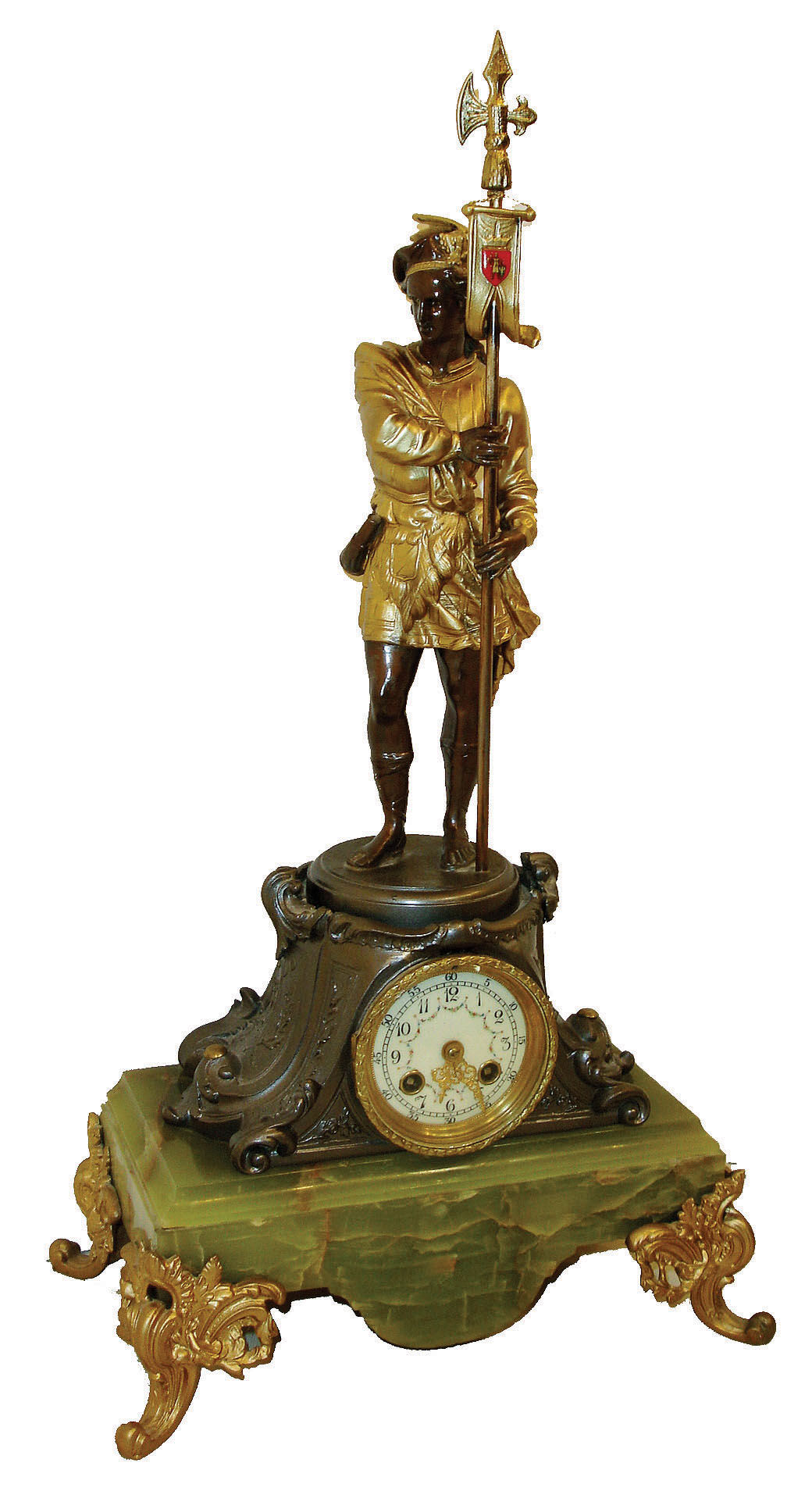 France, figural mantel clock, the green onyx base on French scroll feet, the cast clock case with acanthus ornament, the top with standing male figure, Arabic numeral white enamel dial with floral garlands, gilt Louis XV hands, 8 days, time and strike, pendule a Paris movement, c1910 — Antique Clocks Price Guide