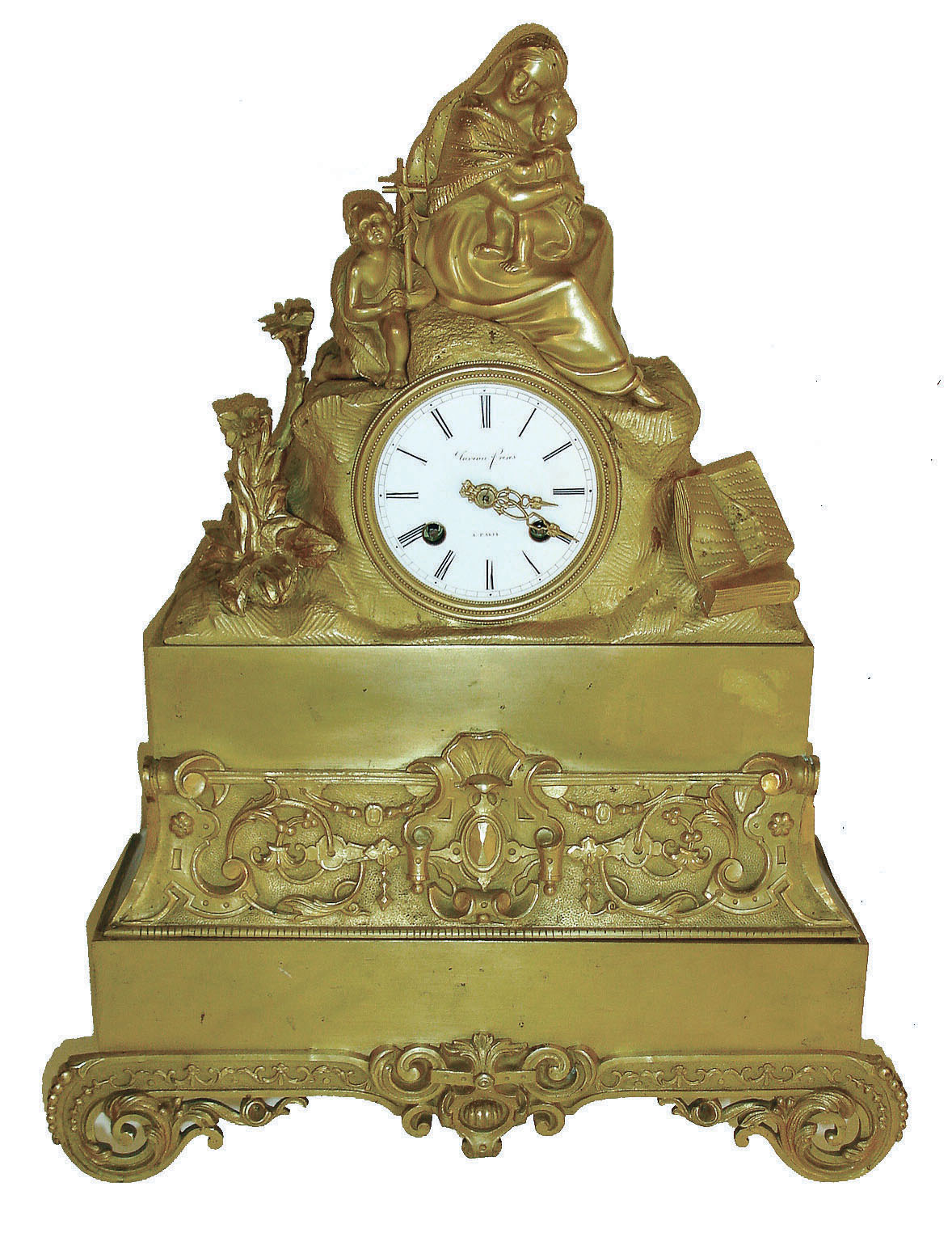 Taveau Freres a Paris, France, gilt bronze figural mantel clock, base and mid section of case with renaissance revival style ornament consisting of scrolls, trailing vines, and leaves, the upper section with female figure and two children, one at prayer and with cross, the left with foliate ornament and with books at the right, Roman numeral white enamel dial signed "Taveau Freres a Paris", gilt hands, 8 days, time and strike, pendule a Paris movement with silk thread suspension, marked "Pons" and "Taveau Freres c1850 — Antique Clocks Price Guide
