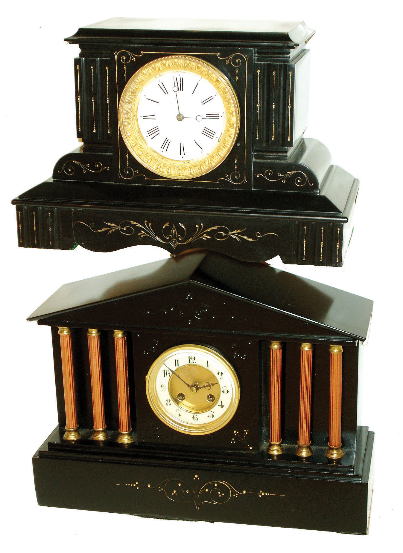 Clocks- 2 (Two) French black marble 8 days, time and strike, mantel clocks: flat top with Etienne Maxant movement with hidden front pull-out winders; 6-column architectural case with A.D. Mougin movement; c1890 — Antique Clocks Price Guide