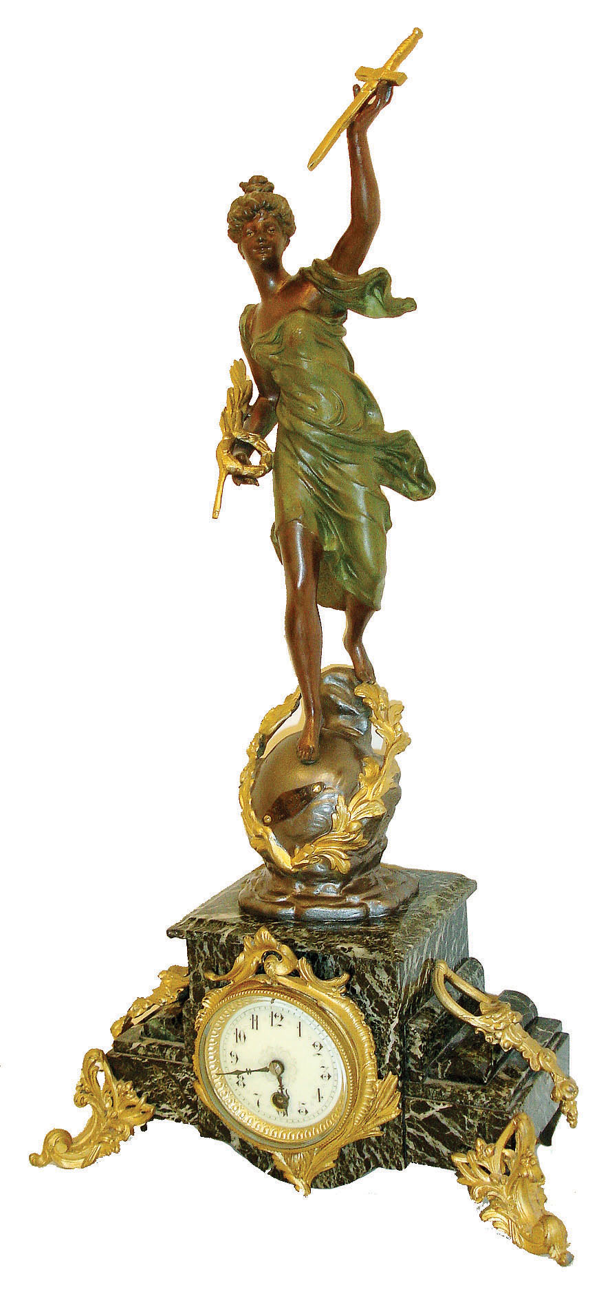France, figural mantel clock, green variegated marble case on gilt scroll feet with naturalistic ornament and with gilt drops at the sides, and with a patinated female figure representing Victory, with applied plaque engraved "Victoire par Bruchon", dial surround in the rococo style, cast bezel with beveled glass, Arabic numeral white enamel dial, blued steel hands, 8 day pendule a Paris timepiece movement, c1910 — Antique Clocks Price Guide