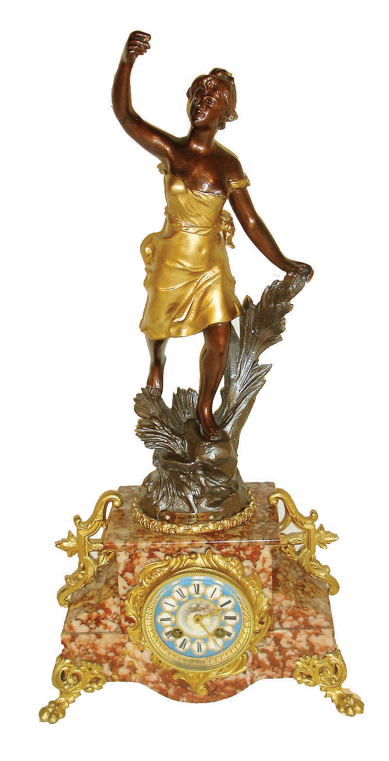 France, figural mantel clock, the variegated pink marble case with gilt paw feet, gilt dial surround and with gilt side ornaments, the top with patinated female figure, the base with engraved plaque , "Les Bles par Belin", Roman numeral enamel dial in blue and gold, the center with painting of 2 birds and roses, gilt hands, 8 days, time and strike, pendule a Paris movement, c1900 — Antique Clocks Price Guide