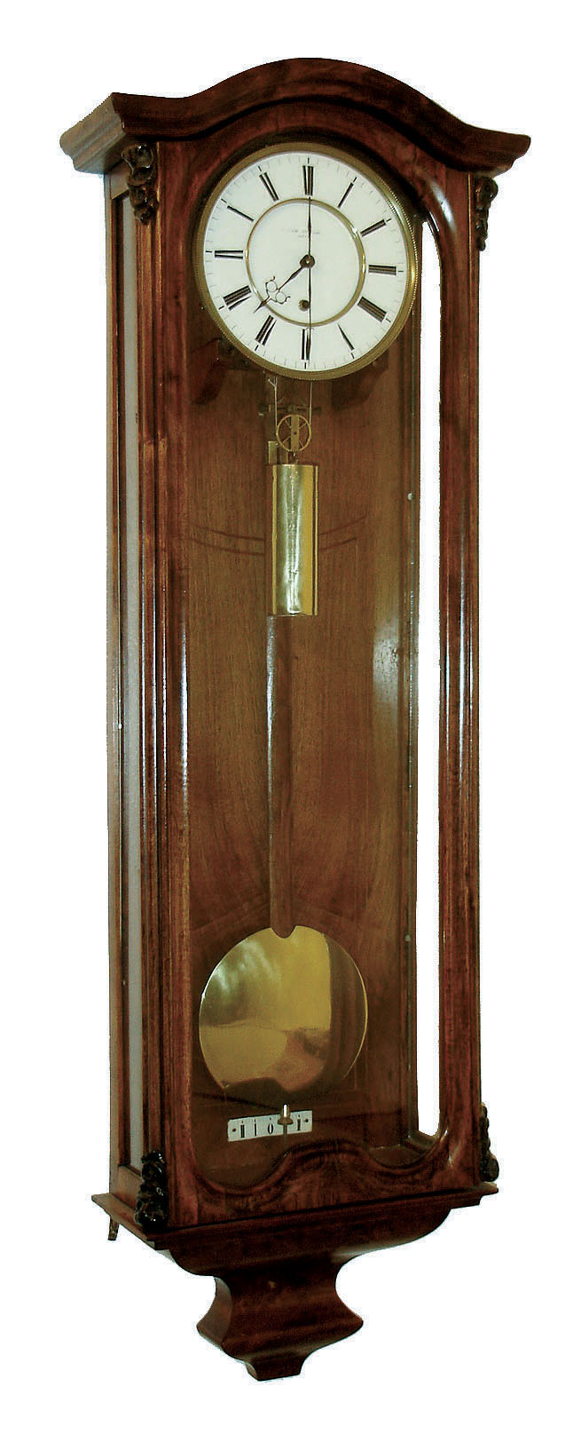 C. Suchy &amp; Soehne, in Prague, Vienna regulator, walnut and walnut veneered case with with light wood trim around side glasses, and with string inlay in backboard, signed Roman numeral white enamel dial, pierced blued steel hands, signed brass 30 day timepiece movement, polished brass pendulum and weight, c1855 — Antique Clocks Price Guide