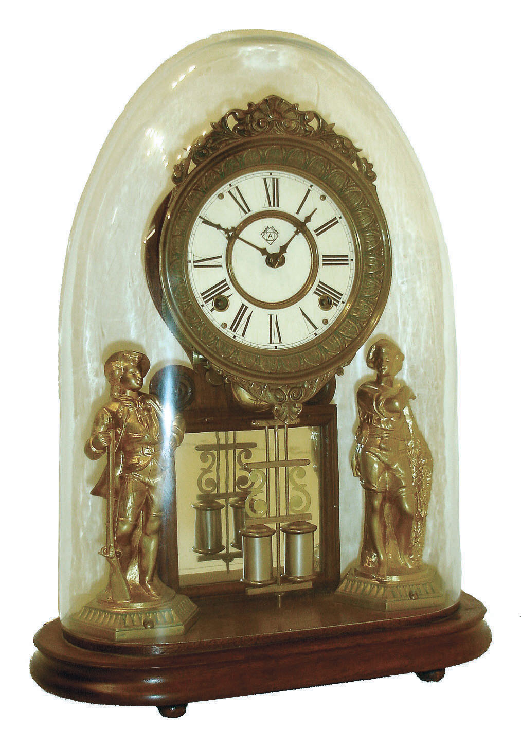 Ansonia Clock Co., New York, "Crystal Palace No. 1 Extra" shelf clock with spring driven 8 days, time and strike, (hour &amp; half hour on bell) movement on a walnut base and under a period dome, c1880. — Antique Clocks Price Guide