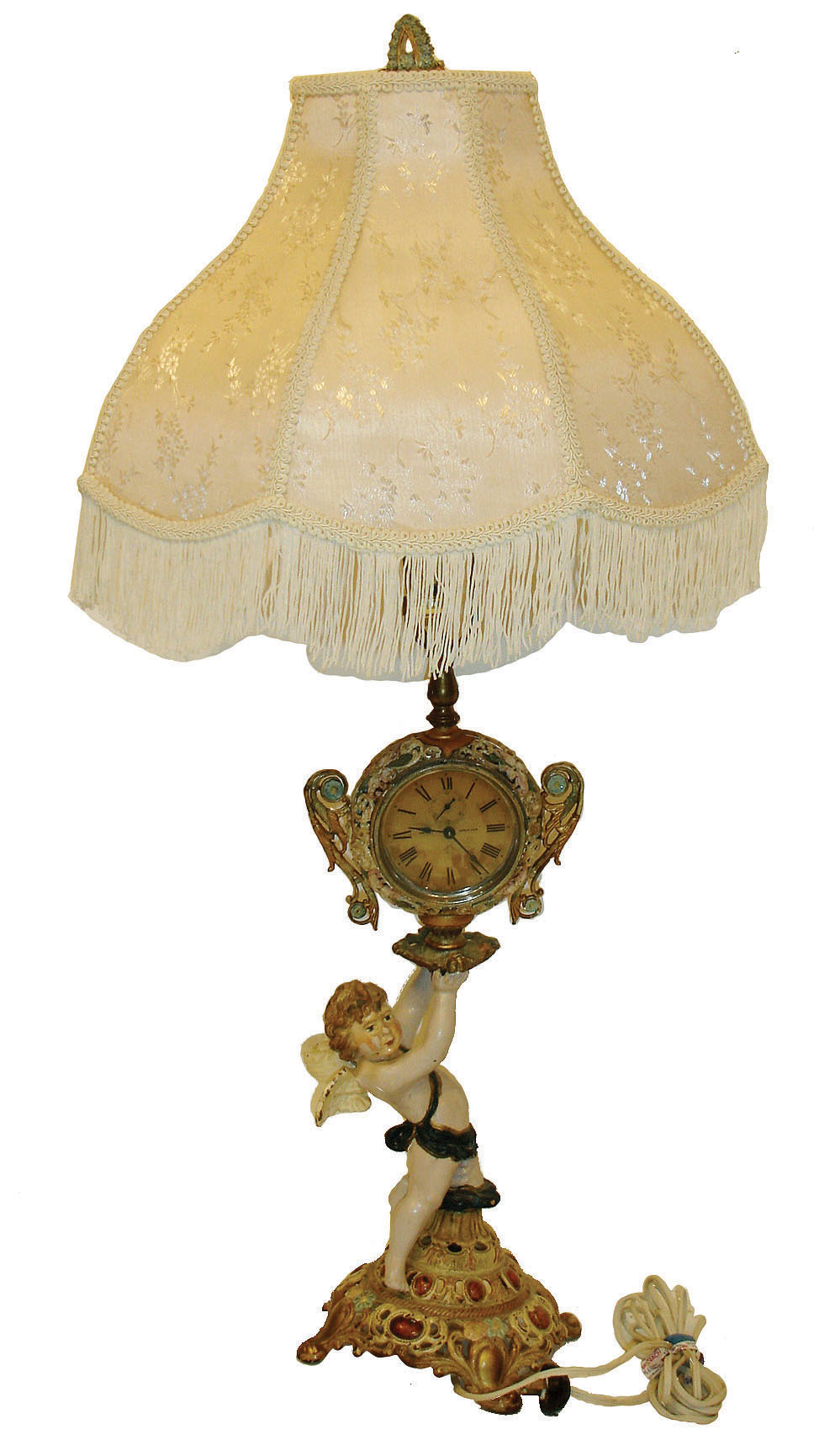 Painted metal figural electric lamp with Ansonia rear-wind 30 hour clock, c1920 — Antique Clocks Price Guide