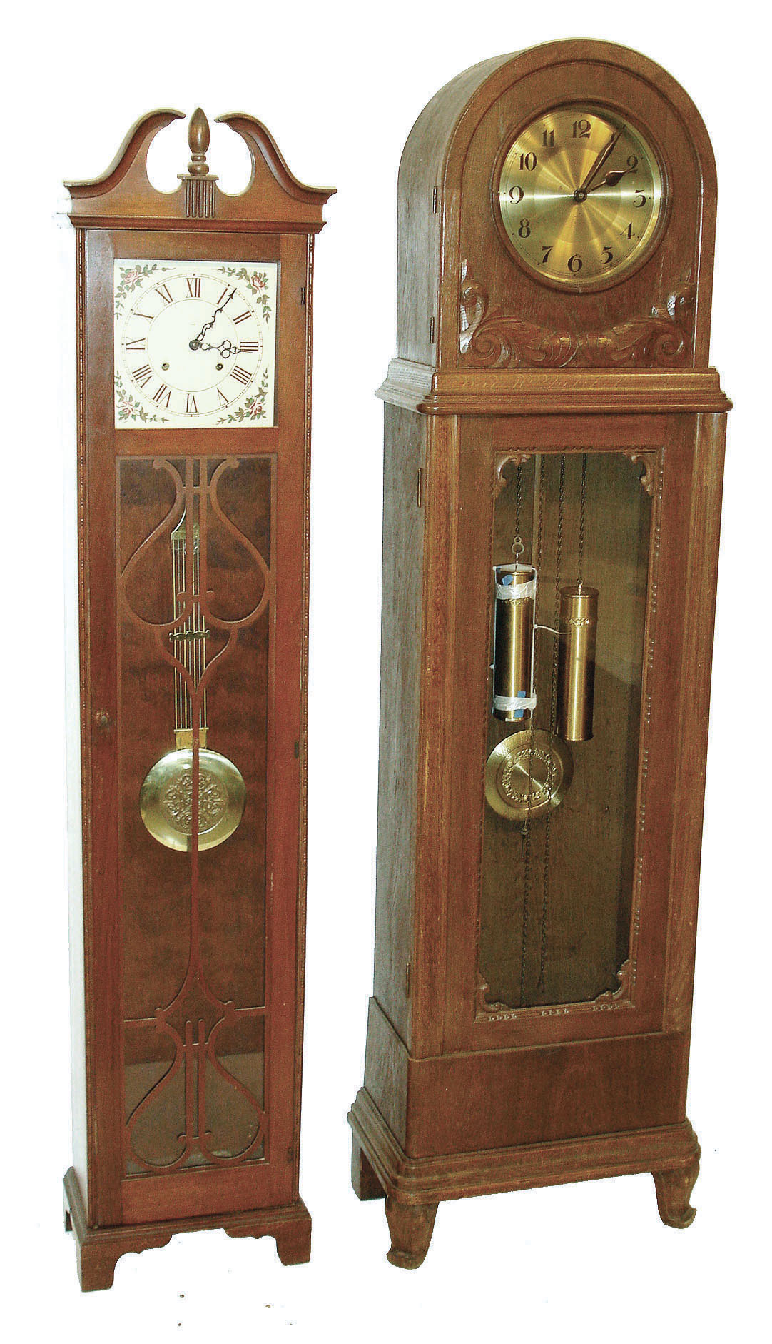 Clocks- 2 (Two) Tall Clocks: an E. Ingraham Co., Bristol, Conn., grandmother clock, time and strike, spring driven movement, c1930; and a German 8 days, time and bim bam strike, weight driven movement in an oak case, c1920 — Antique Clocks Price Guide