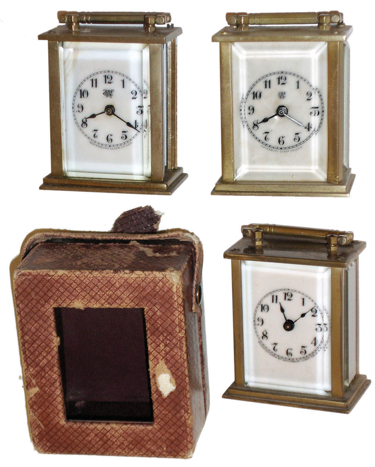 Clocks- 3 (Three) Waterbury Clock Co., "Speck" brass and glass 30 hour carriage clocks, one with travel case, c1906 — Antique Clocks Price Guide