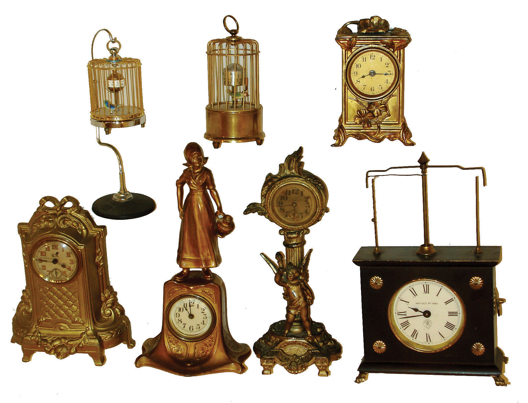 Clocks- 7 (Seven) 30 hours, novelty clocks: Horolovar flying ball; four gilt cast metal, one marked "Duverdrey &amp; Bloquel", one "France", one "Lux" and one "Made in USA"; two birdcages with annular dials, one Germany, one Japan — Antique Clocks Price Guide