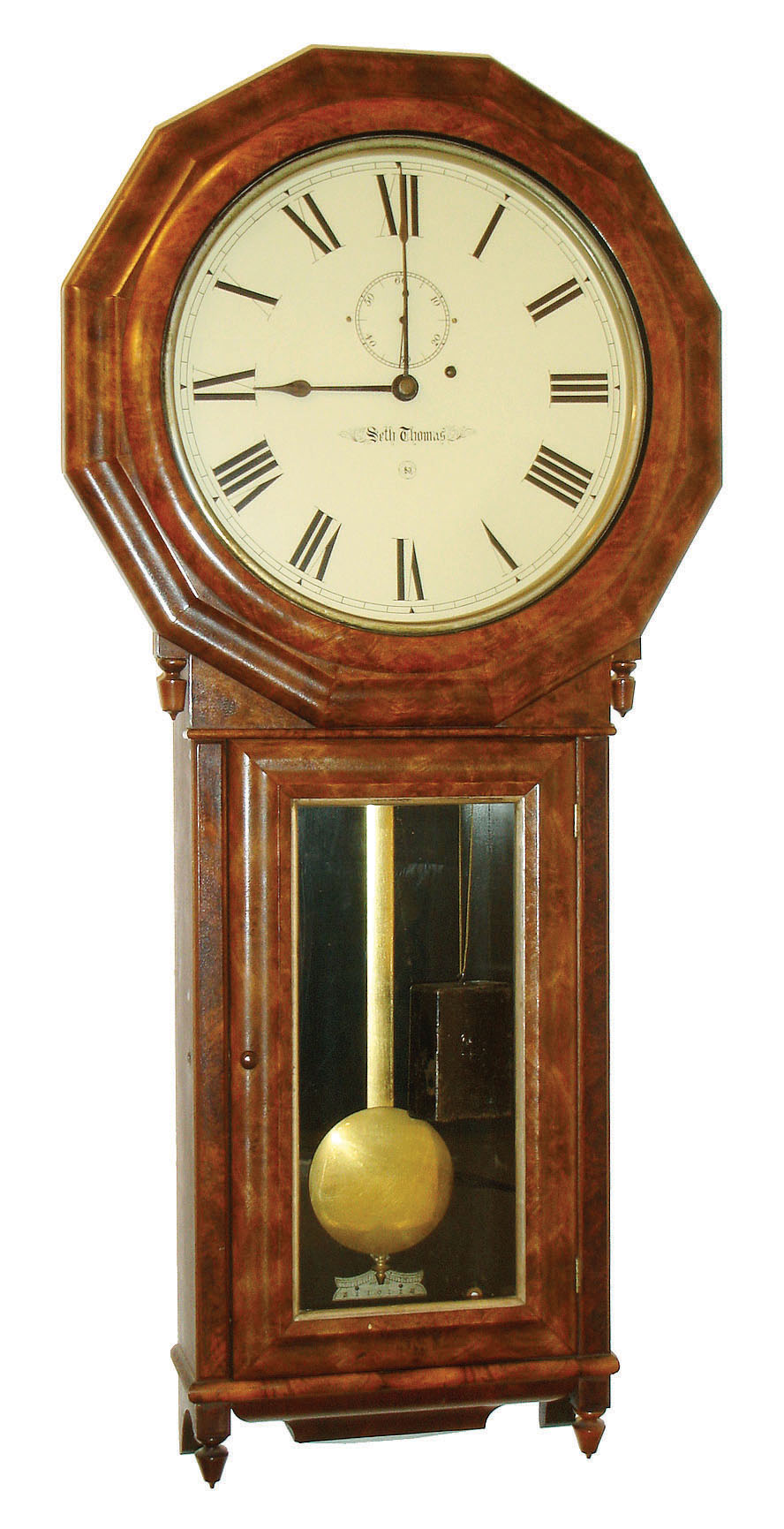 Seth Thomas, Plymouth, Conn., "Regulator No. 3", walnut and walnut veneer case, Roman numeral painted dial, gilt pendulum rod, brass 8 day time only, movement, cast iron weight, c1890 — Antique Clocks Price Guide