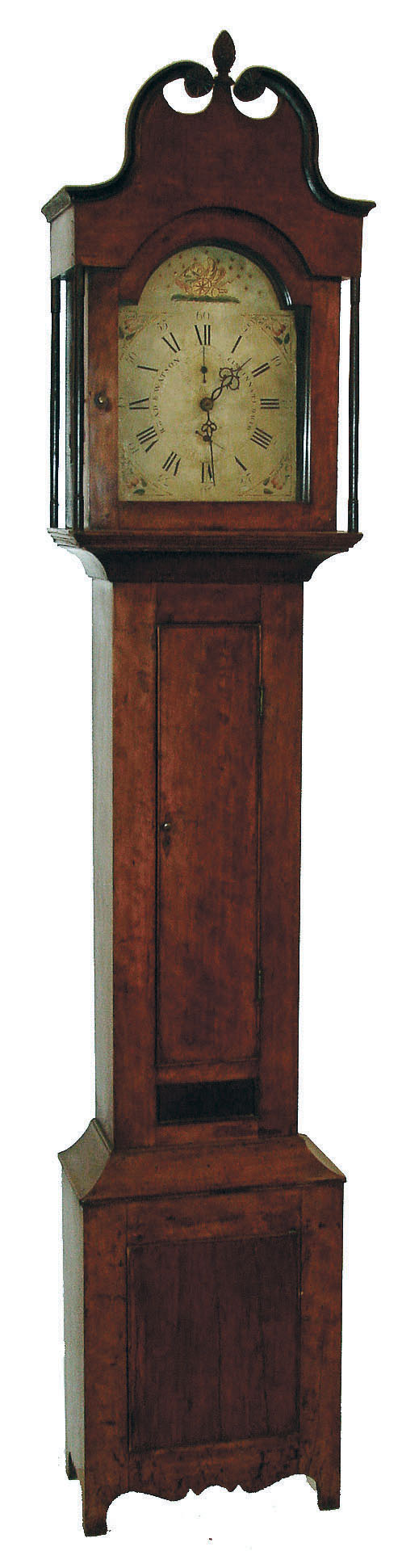 Read &amp; Watson, Cincinnati, Ohio, tall clock, 30 hours, time and strike, wood movement in a cherry case with broken arch pediment, turned ebonized columns flanking hood and painted wooden dial with date calendar, c1815 — Antique Clocks Price Guide