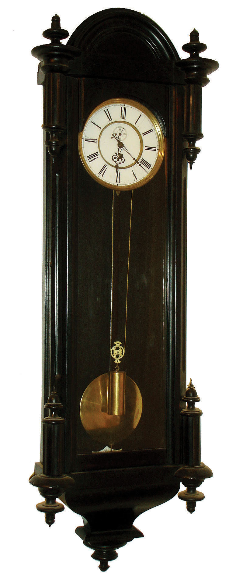 F. Kroeber Clock Co., New York, German made Vienna regulator model, ebonized wooden case in the Vienna style, Roman numeral white enamel dial, brass 8 day timepiece movement, polished pendulum and weight, c1885 — Antique Clocks Price Guide