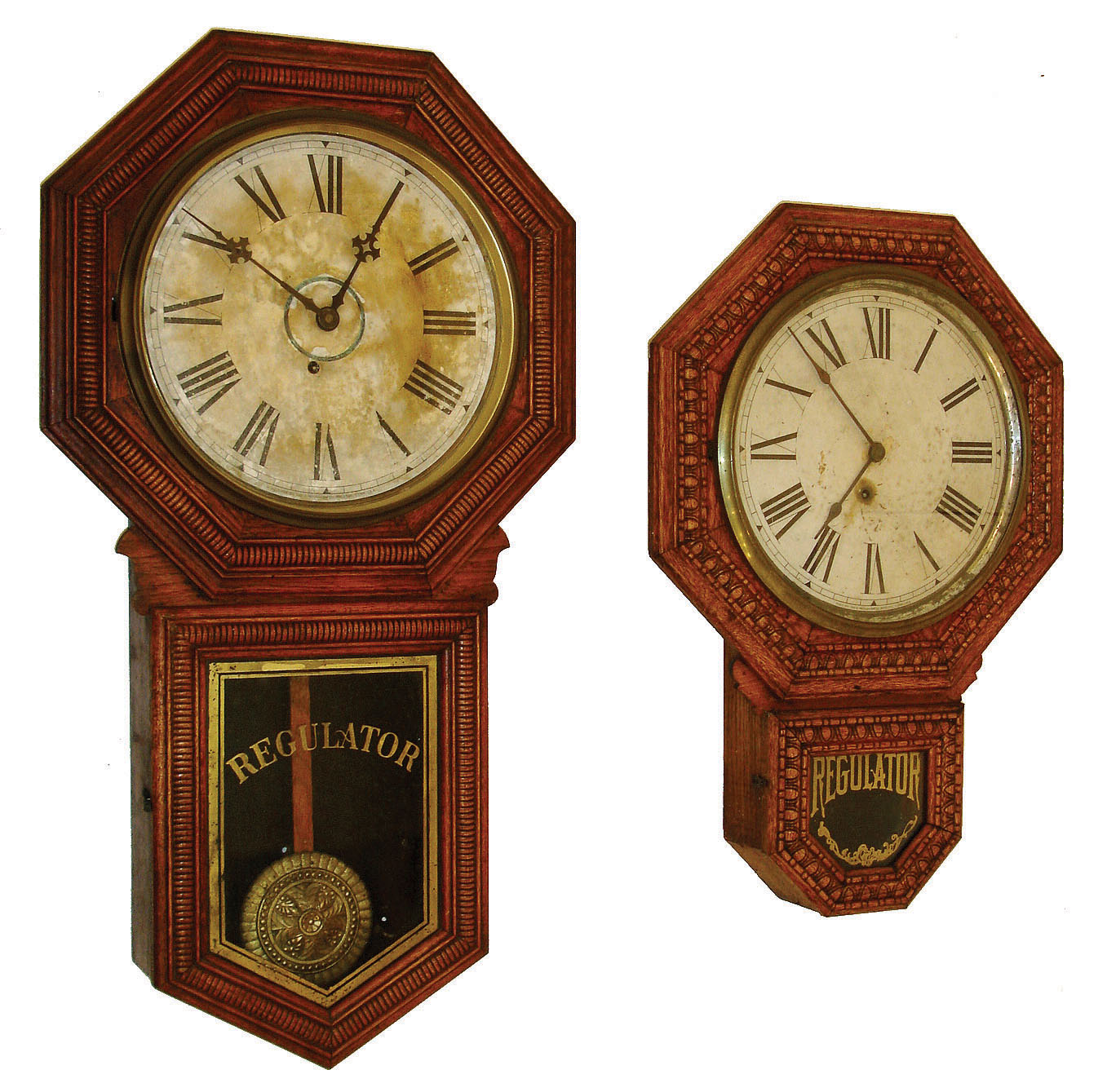 Clocks- 4 (Four) Bristol, Conn., wall clocks: (1) E. Ingraham &amp; Co. "Hartford" 8 days, schoolhouse timepiece. (2) E. Ingraham &amp; Co., "Lyric", 8 days, schoolhouse timepiece. (3) Sessions Clock Co., "Regulator No. 2", 8 days, wall timepiece. (4) Sessions Clock Co., "Regulator E", 8 days, calendar timepiece all c1910. — Antique Clocks Price Guide