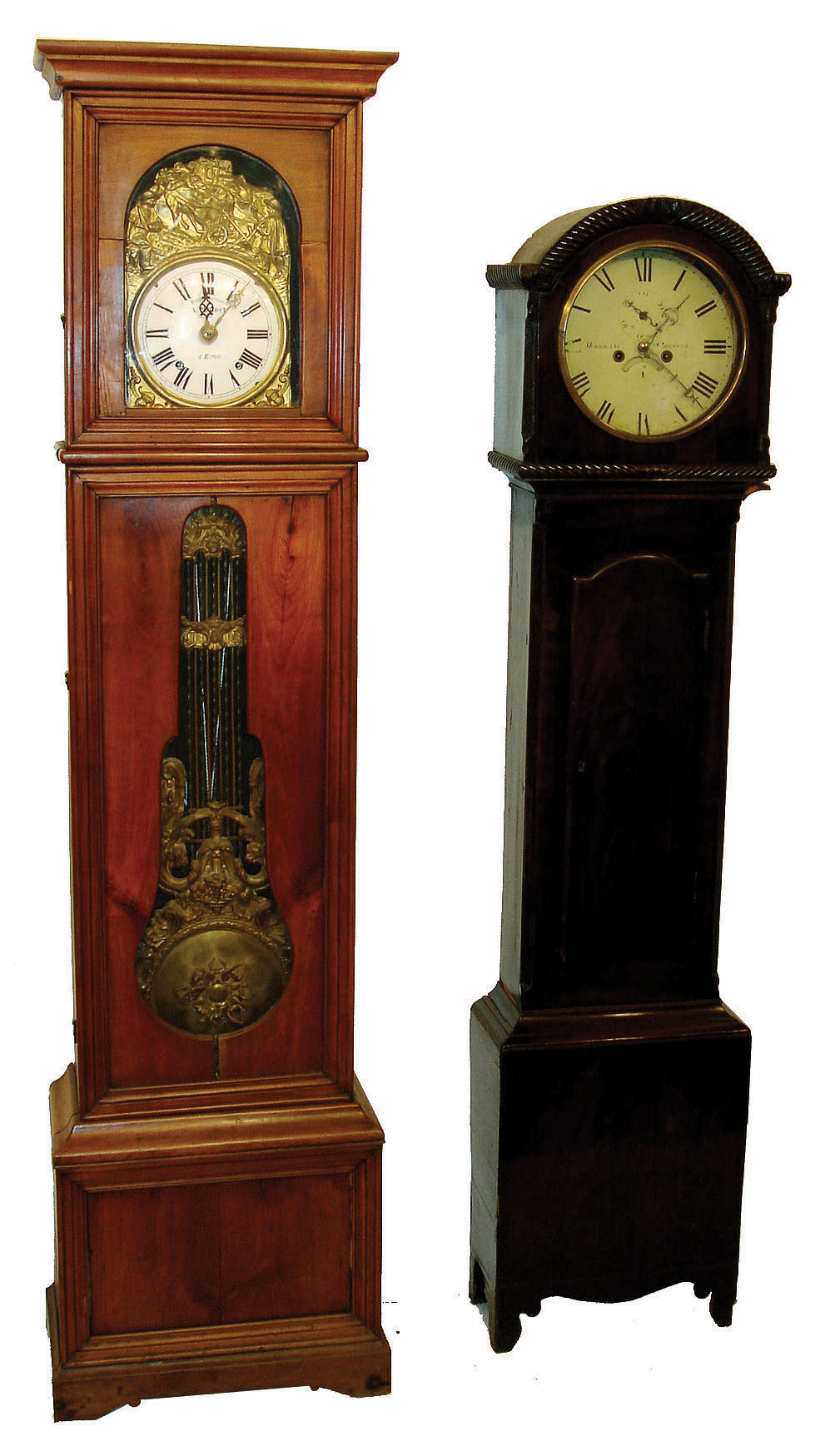 Clocks- 3 (Three): a Morbier tall clock in a cherry case; a English tall clock in a mahogany case and a Morbier dial, movement, pendulum and weights — Antique Clocks Price Guide