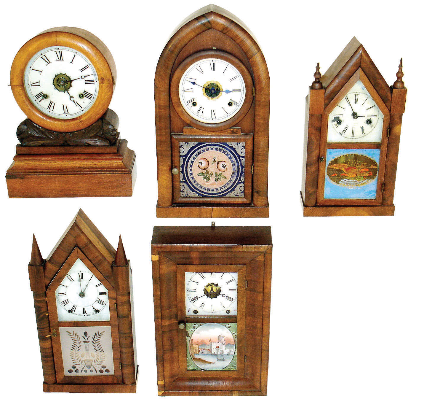 Clocks- 5 (Five) Connecticut shelf: (1) E. N. Welch Mfg. Co., Bristol, Conn "Grecian" 8 day time, strike and alarm, mahogany case with painted dial, c1890. (2) E. N. Welch Mfg. Co., Forestville, Conn "beehive" 8 days, time and strike, c1870 (3) J. C. Brown, Forestville, Conn steeple clock, 30 hours, time and strike, c1850. (4) Brewster &amp; Ingrahams, Bristol, Conn steeple clock 8 days, time and strike, steeple clock with Kirk's Patent iron back plate movement, c1845. (5) New Haven Clock Co, New Haven, Conn miniature OG, 8 days, time and strike, c1875 — Antique Clocks Price Guide