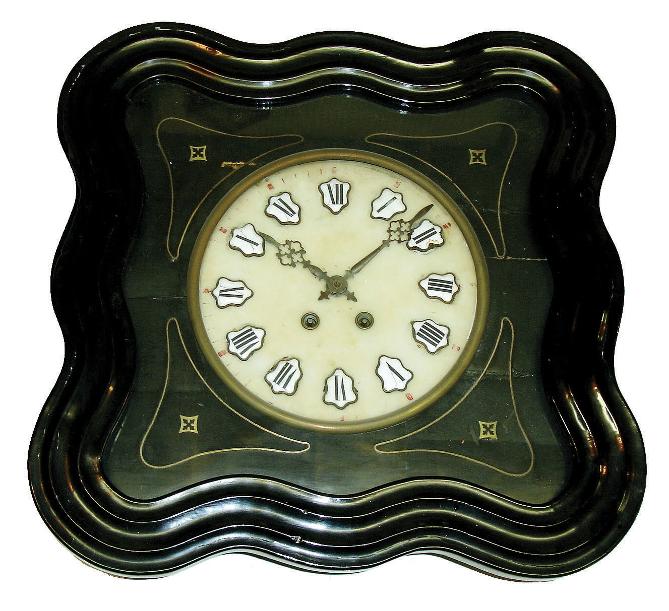 Clocks- 2 (Two) French Morbier: 8 days, time and strike, ebonized wood "bakery" wall clocks, alabaster dials, square brass movements, c1890 — Antique Clocks Price Guide