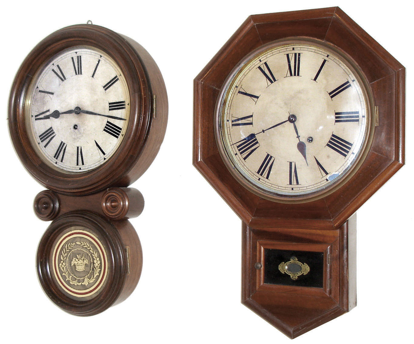 Clocks- 2 (Two) wall: (1)Terry Clock Co., Pittsfield, Mass., 8 day time only, spring driven brass movement drop octagon wall clock, c1885. (2) E. Ingraham &amp; Co., Bristol, Conn., "Ionic", 8 day time (only) spring brass movement wall clock, c1885. — Antique Clocks Price Guide