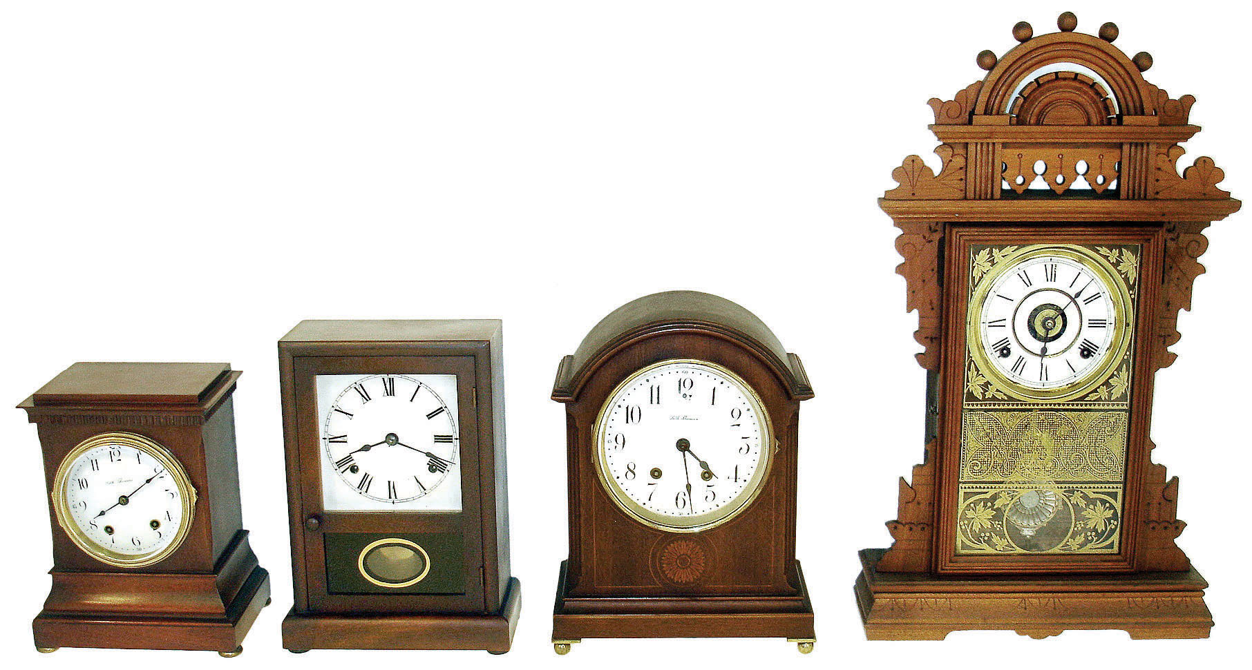 Clocks- 4 (Four) Seth Thomas, Thomaston, CT, shelf. (1) "Turin" model cabinet clock, 8 days, hour &amp; half hour strike, c1913 (2) "Tory" model 8 day hour strike cabinet clock, c1913. (3) Cottage clock, 8 day hour &amp; half hour strike, mahogany with painted dial, c1910. (4) "Eclipse" special order "premium" walnut parlor clock, 8 day hour &amp; half hour strike &amp; alarm, c1890. — Antique Clocks Price Guide